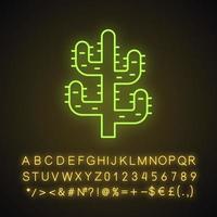 Saguaro-Kaktus-Neonlicht-Symbol. Baum wie Kaktus. Wüstenpflanze. stachelige Sukkulente. leuchtendes zeichen mit alphabet, zahlen und symbolen. vektor isolierte illustration
