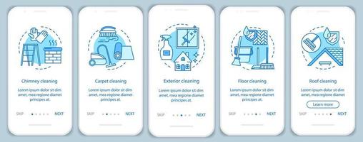 ytterligare städtjänster onboarding mobil app sidskärm, linjära koncept. fem, genomgångssteg grafiska instruktioner. skorsten, utvändig rengöring. ux, ui, gui vektormall med illustrationer vektor