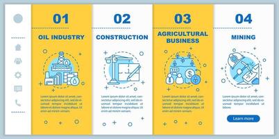 branchen onboarding mobile app seitenbildschirm vektorvorlage. produzierendes Geschäft. Ölindustrie, Bergbau Walkthrough-Website-Schritte mit linearen Illustrationen. ux, ui, gui smartphone-schnittstellenkonzept vektor