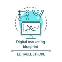 Symbol für das Konzept des digitalen Marketingkonzepts. seo-strategie idee dünne linie illustration. Inhaltsverwaltung. Marketinganalysen. Überwachung, Ranking. Vektor isoliert Umrisszeichnung. editierbarer Strich