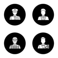 Berufe Glyphen-Symbole gesetzt. Berufe. Polizist, Soldat, Croupier, Büroangestellter. Vektor weiße Silhouetten Illustrationen in schwarzen Kreisen