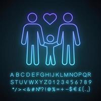 Symbol für Neonlicht der schwulen Familie. zwei Väter mit Kind. gleichgeschlechtliche Erziehung. LGBT-Eltern. zwei Männer mit Kind. homosexuelle Adoption. leuchtendes zeichen mit alphabet, zahlen und symbolen. vektor isolierte illustration