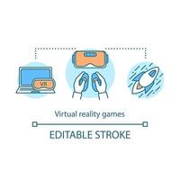 Symbol für das Konzept von Virtual-Reality-Spielen. VR-Gaming-Ausrüstung und -Software. App, Headset, Controller, Simulator. VR-Unterhaltungsidee dünne Liniensymbole. Vektor isoliert Umrisszeichnung. editierbarer Strich