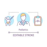 Symbol für das Konzept der Pädiatrie. Kinderbetreuung. Kinderarzt mit Stethoskop. Kind Kardiogramm. Gesundheit der Kinder. kinderklinik idee dünne linie illustration. Vektor isoliert Umrisszeichnung. editierbarer Strich