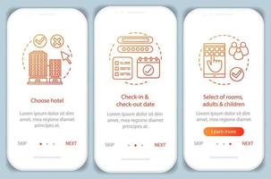 Vektorvorlage für den Onboarding-App-Bildschirm für Hotelbuchungen. Wahl der Unterkunft, Wohnung. Herberge, Motel. Zimmer auswählen und reservieren. Walkthrough-Website-Schritte. ux, ui, gui-smartphone-schnittstelle vektor