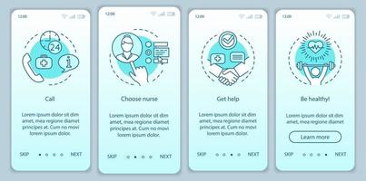 krankenschwesterdienst beim onboarding der mobilen app-seitenvektorvorlage. Anleitung für die Website zur Unterstützung bei der häuslichen Pflege. Auswahl praktischer Betreuer, Betreuer. häusliche Krankenpflege. ux, ui, gui smartphone-schnittstellenkonzept vektor