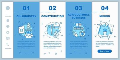 branchen onboarding mobile app seitenbildschirm vektorvorlage. Herstellung. Bau, landwirtschaftliche Geschäftsschritte mit linearen Illustrationen. ux, ui, gui smartphone-schnittstellenkonzept vektor