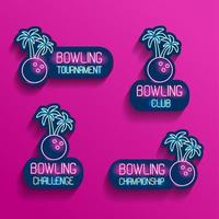 uppsättning neon logotyper i rosa-blå färger med fallande skuggor. samling av 4 vektorillustrationer för tropisk bowling för turnering, utmaning, mästerskap, klubb med bowlingklot och palmer. vektor