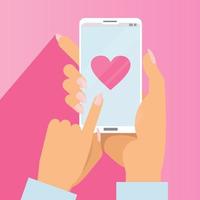 Liebesbotschaftskonzept senden. weibliche hände halten telefon mit großem herz auf dem bildschirm. Websites, Banner, Design von Infografiken. Finger-Touchscreen. flache karikaturillustration des vektors für valentinstag vektor