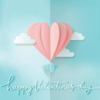 Herzform rosa Heißluftballon fliegen. liebe im papierschnittstil. Origami-Herz und Wolken. glücklicher valentinstag handbeschriftung. romantische ferien. 14. Februar. vektor