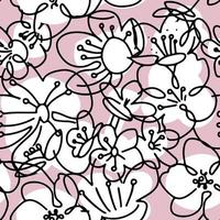 stora körsbärsblommor. abstrakta former och linjer seamless mönster. blommig bakgrundsstruktur. tygdesign i svart, rosa och vitt vektor