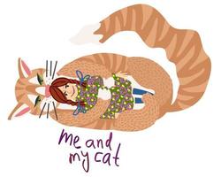 jag och min katt. vektor isolerad illustration av en flicka med sin katt.