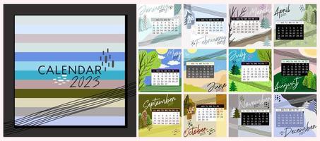 kalender 2023. färgstark månadskalender med olika landskap. vektor