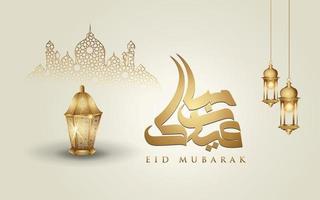 eid mubarak islamisches design halbmond, traditionelle laterne und arabische kalligrafie, vorlage islamischer kunstvoller grußkartenvektor für publikationsveranstaltung vektor