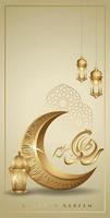 ramadan kareem mit goldenem luxuriösem halbmond und traditioneller laterne, schablonen-islamisch verzierter grußkartenvektor für mobile schnittstellentapetendesign smartphones, handys, geräte. vektor