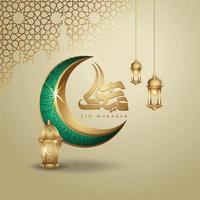 eid mubarak islamisches design halbmond, traditionelle laterne und arabische kalligrafie, vorlage islamischer kunstvoller grußkartenvektor für publikationsveranstaltung vektor