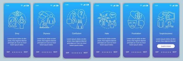 hårda känslor onboarding mobil app sidskärm vektor mall. avund, blyghet, förvirring, hat, frustration. genomgång av webbplatssteg med linjära illustrationer. ux, ui smartphone gränssnitt koncept