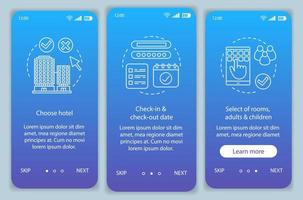 Vektorvorlage für den Bildschirm der Hotelbuchung beim Onboarding der mobilen App-Seite. Unterkunft, Wohnungsreservierung. Hotel auswählen, Zimmer und Datum auswählen. Walkthrough-Website-Schritte. ux, ui, gui-smartphone-schnittstelle vektor