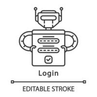 Login lineares Symbol. Roboter, der sich bei der Anwendung anmeldet. Internet-Bot. Genehmigungsformular. Robotische Prozessautomatisierung. Vektor isoliert Umrisszeichnung. editierbarer Strich