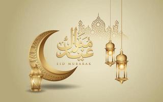 eid mubarak islamisches design halbmond, traditionelle laterne und arabische kalligrafie, vorlage islamischer kunstvoller grußkartenvektor für publikationsveranstaltung vektor