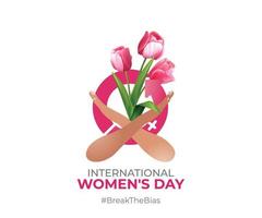 internationella kvinnodagen koncept. kvinnans dag tecken och rosa tulpan blomma illustration. 2022 kvinnodagens kampanjtema- breakthebias vektor