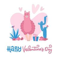 hand gezeichnete valentinstagkarte mit niedlichem lustigem lama in der liebe, kakteen, text glücklicher valentinstag. Vektor-Illustration. flaches design im skandinavischen stil. konzept für feier, einladung, kinderdruck. vektor