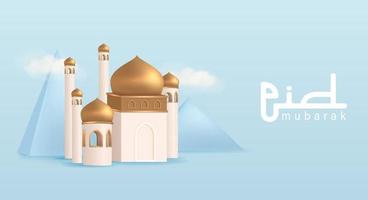 3D realistisk moskédisplay för eid mubarak affischdesign vektorillustration i blå pastellbakgrund vektor