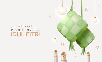 eid mubarak display med hängande ketupat och lampor, eid al fitr design med 3d realistiska islamiska element statyett vektorillustration vektor