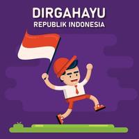 Indonesien-Unabhängigkeitstag-Vektorillustration, glückliche indonesische Kinder, die die Flagge im flachen Design der Unabhängigkeitsfeier hochhalten, indonesischer Junge vektor