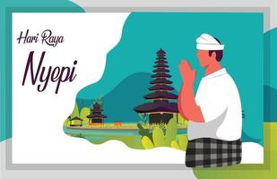 balinesisk man som bär traditionell bali klänning hälsning glad nyepy dag illustration, glad nyepi dag affischmall vektor