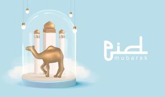 eid mubarak banner mit figurine der moschee und kamel innerhalb der glasschneekugel-vektorillustration vektor