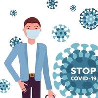 mers-cov, covid-19, neuartiges coronavirus, 2019-ncov, gutaussehender mann im anzug mit blauer medizinischer gesichtsmaske mit abstraktem virusmodell um ihn herum. Stoppen Sie das Covid-19-Textkonzept. flache vektorillustration. vektor