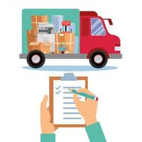 affärsrörelsekoncept. lagring, logistik, lokalt leveransserviceföretag med liten lastbil med lådor inuti och anställdas händer som håller urklipp med abstrakt fraktformulär. vektor platt