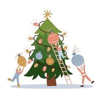 kleine figuren schmücken den weihnachtsbaum. Winzige Menschen schmücken den Weihnachtstannenbaum, um Silvester zu feiern, und halten Kugeln und Kugeln. dekoration für feiertagsfeier. flache vektorillustration. vektor