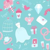 Hochzeit nahtlose Muster auf einem hübschen türkisblauen Hintergrund mit Brautkleid, Schleier, Geschenk, Kuchen, Blumenstrauß mit Liebesbrief, Ringen, Glocken und Champagner für Packpapier oder Karte