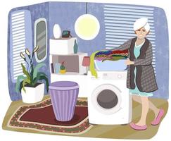 vektorillustration av kvinna med kläder i ett handfat som står nära tvättmaskin vektor