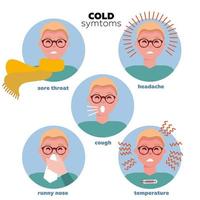 Flache Infografik - die häufigsten Symptome von Erkältung und Grippe. männergesichter von charakteren im kreis. Grippe. Fieber und Husten, Halsschmerzen. flache Artvektorillustration lokalisiert auf weißem Hintergrund. vektor