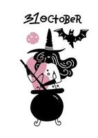 junge Frau mit Hexenhut und Besenstiel auf weißem Hintergrund mit Topf und Fledermaus. Feiertag glückliches Halloween-Konzeptgestaltungselement für Fahne, Grußkarte. vektor minimalistischer 31. oktober schrifttext.