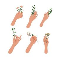 elegante weibliche hände, die blumen und blätter auf zweigen halten. sammlung einzelner frauenhände mit verschiedenen pflanzen. ein schönes und naturalistisches Konzept. flache vektorillustration. vektor