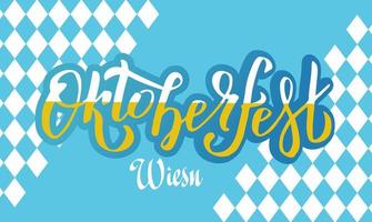 oktoberfest wiesn handskrivna bokstäver logotyp på vitt och blått bayerskt mönster. öl festival vektor banner. blå, vit bokstäver typografi för affisch, kort. ordet är fyllt med skummande öl