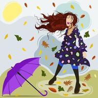 vektorisolierte illustration einer jungen frau, die bei windigem wetter zwischen herbstblättern im freien spazieren geht. der Wind riss ihr den Regenschirm aus den Händen vektor