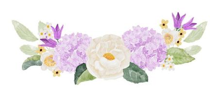 akvarell vit kamelia och lila hortensia blombukett vektor