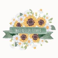 aquarell hand zeichnen niedlichen sonnenblumenstrauß kranz mit grünem band für banner oder logo vektor