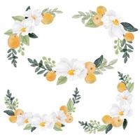 Aquarell weiße Blume und orange Fruchtstrauß Sammlung isoliert auf weißem Hintergrund digital vektor