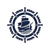 Schiff und Vintage-Schiffsrad-Logo-Design-Ikonenvektor