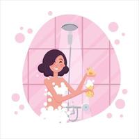 kvinna som tvättar sig med svamp i duschen, en del av människor i badrummet som gör sina rutinmässiga hygienprocedurer. platt tecknad vektorillustration. vektor