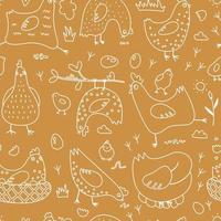 lineare Hühnervögel nahtloses Muster. handgezeichnete umrisse doodle hühner und eier. kann gedruckt und als Packpapier, Tapete, Textil, Stoff usw. verwendet werden. niedlicher Vektorhintergrund vektor