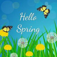 hej våren bakgrund med maskrosor, gräs och fjärilar vektor