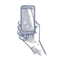 hand som håller smart telefon i gravyr stil vektor