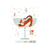 süßer tiger in einem retro-glas champagner. 2022 Jahr des Tigers. chinesischer Tierkreiszeichen. perfekt für T-Shirt, Kleidung, Karten, Poster. lokalisiert auf flacher Vektorillustration des weißen Hintergrundes vektor